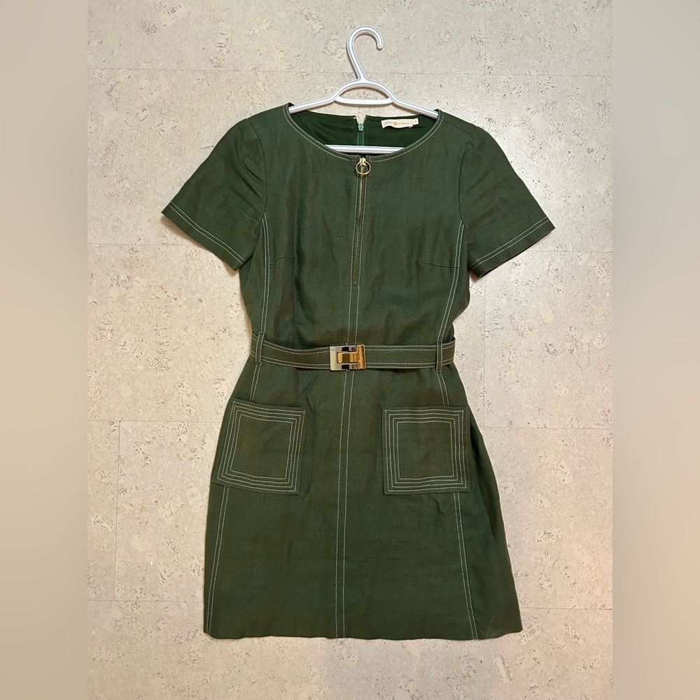Tory Burch Linen Forest Green Belted Dress